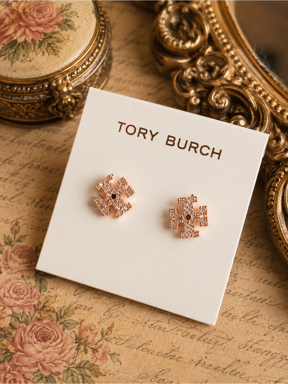 TORY BURCH • Rose Gold Crystal Logo Earrings - Picture 9 of 9